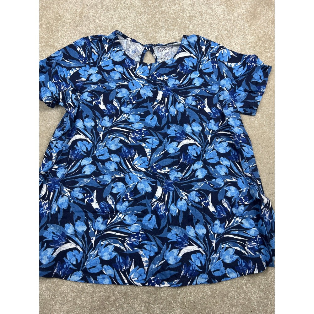Roaman's Plus Size 18/20 Blue Floral Cotton Tunic Top Short Sleeve Keyhole Back